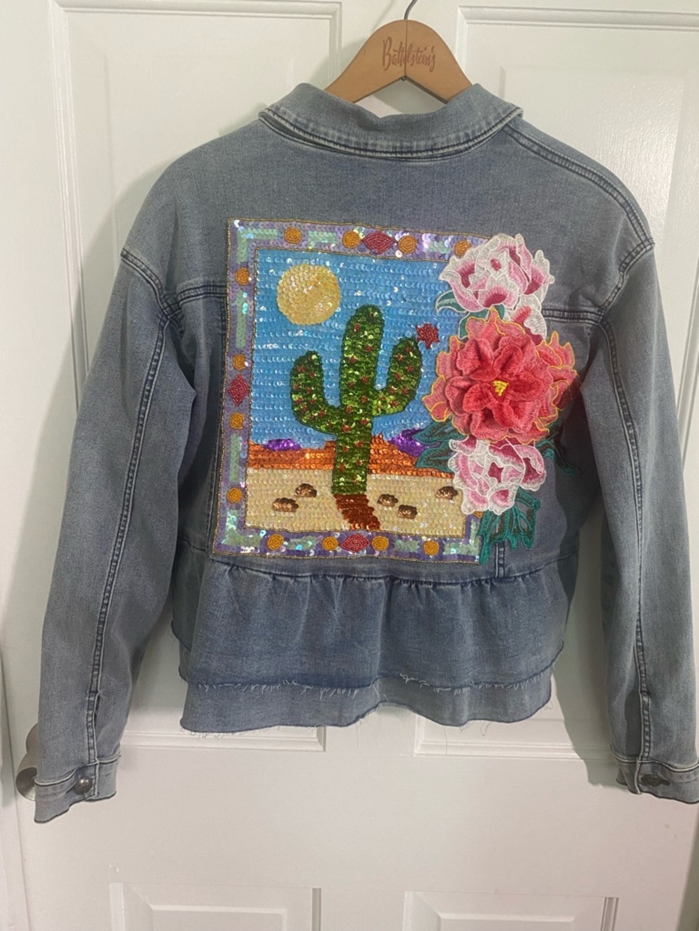 Crazy Train Denim Jacket with Sequin Cactus Patch & Pink Floral Appliqué